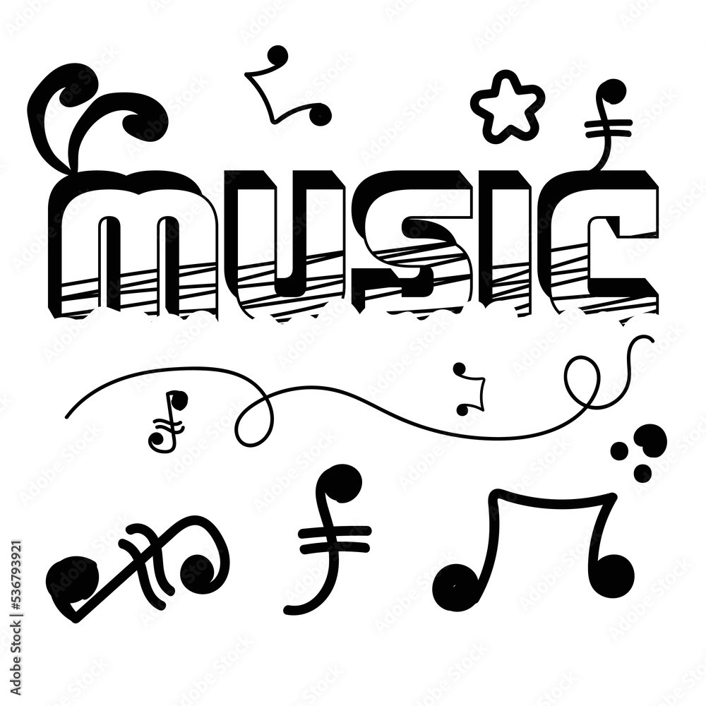 'Music' typography with doodle style vector illustration text art on white background. Illustration for prints on t-shirts and bags, posters, cards. Typography design.