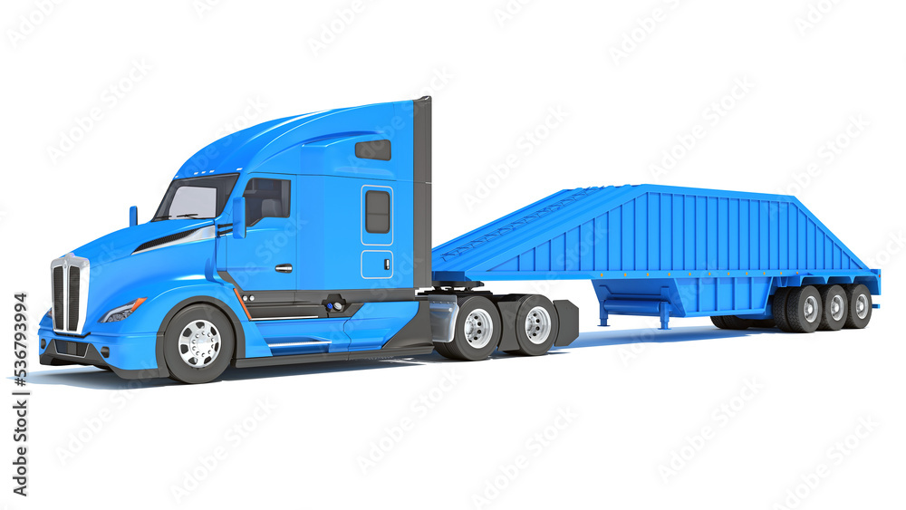 Truck with Bottom Dump Trailer 3D rendering on white background Truck with Bottom Dump Trailer 3D rendering on white background