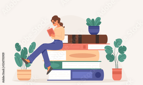 Reading book concept. Library books pile and teen girl read. Educational literature, student lifestyle and learning. Bookstore, snugly vector hobby scene