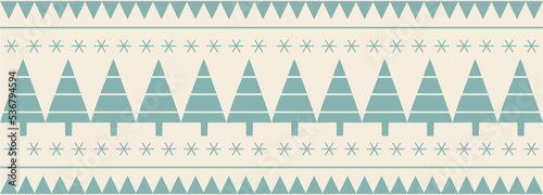 Christmas and New Year seamless pattern. Fair Isle flat knit pattern in blue and white with Scandinavian snowflakes and Christmas trees for winter hat, sweater, jumper, paper or other designs.