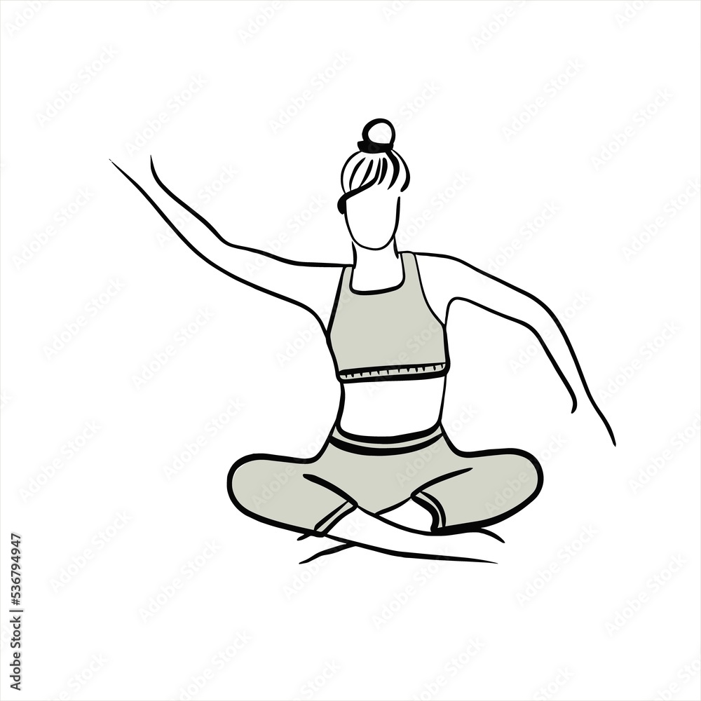 the girl is doing yoga. back exercise. workout. stretching. black and white outline illustration. sport woman. trainer. Instructor. fitness. outline
