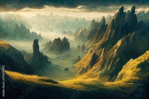 Fantasy mountain landscape, water painting style