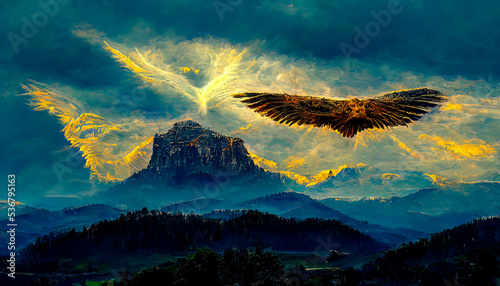The eagle flying in the mountains. Illustration for books  cartoons and printing products.