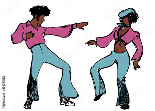 Hand drawn ink drawings of young people wearing retro 70s style clothes dancing soul music or disco dance, isolated on white background