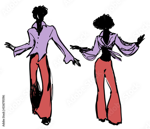 Hand drawn ink drawings of young people wearing retro 70s style clothes dancing soul music or disco dance, isolated on white background