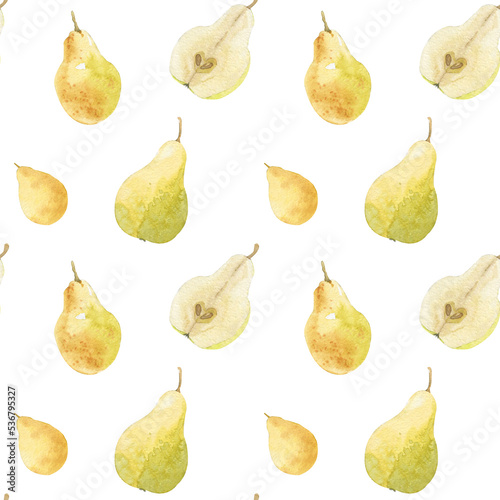 Watercolor seamless pattern with garden pear illustrations. Watercolor hand-draw juisy pear fruits on white background. Organic healthy food, backgrond for uou design and decor . photo