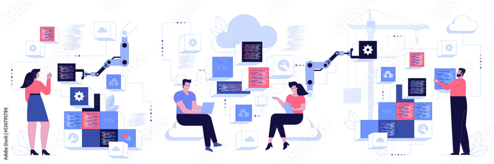 People characters developing software program and mobile app. Developers programming and writing program code. Programming and engineering development process concept. Vector illustration