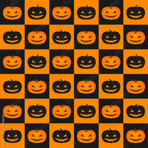 Vector illustration of creepy pumpkin faces. Seamless pattern.