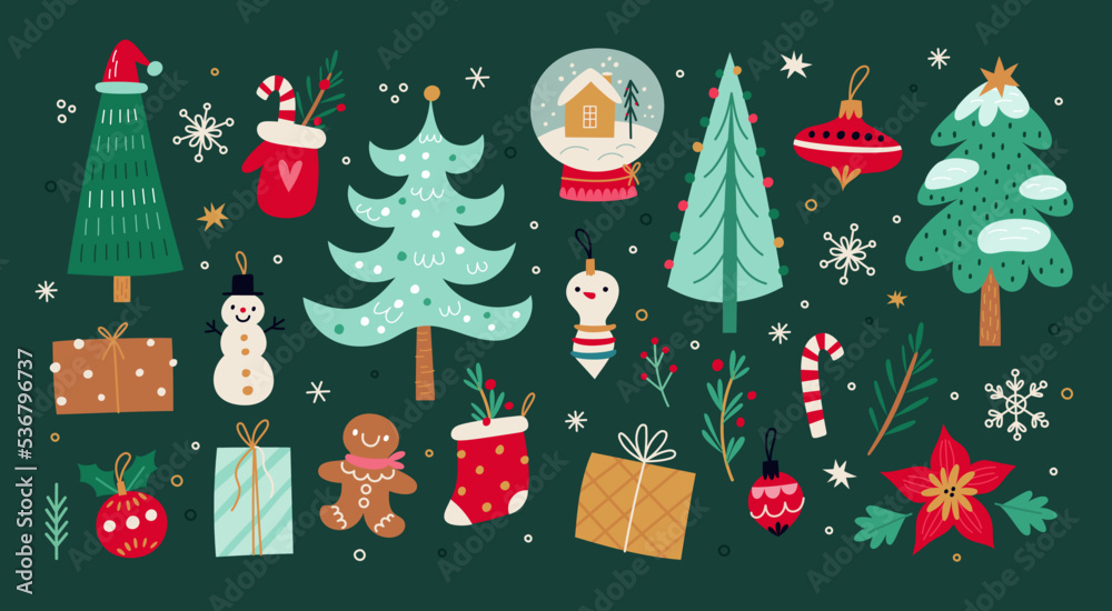 Cartoon Christmas trees with toys. Beautiful glass baubles. Snowman and gingerbread man. Coniferous plants. Snowglobe and gift box. Xmas sock. Holiday funny objects. Garish vector set Cartoon Christmas trees with toys. Beautiful glass baubles. Snowman and gingerbread man. Coniferous plants. Snowglobe and gift box. Xmas sock. Holiday funny objects. Garish vector set