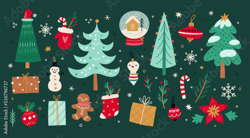 Cartoon Christmas trees with toys. Beautiful glass baubles. Snowman and gingerbread man. Coniferous plants. Snowglobe and gift box. Xmas sock. Holiday funny objects. Garish vector set