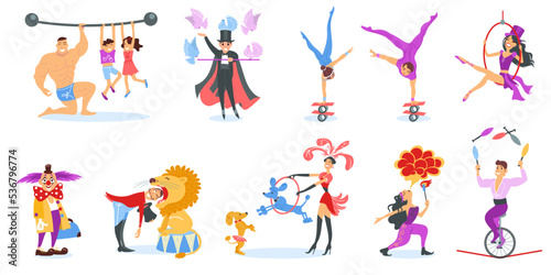 Cartoon circus artists. Entertainment workers. Trained animals. Jugglers and jesters amusement show. People juggling or making tricks. Magician and clown performance. Splendid vector set