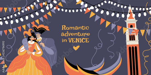 A happy couple in costumes of the Venetian carnival against the backdrop of the building, gondolas and decorations. Invitation banner for romantic adventure