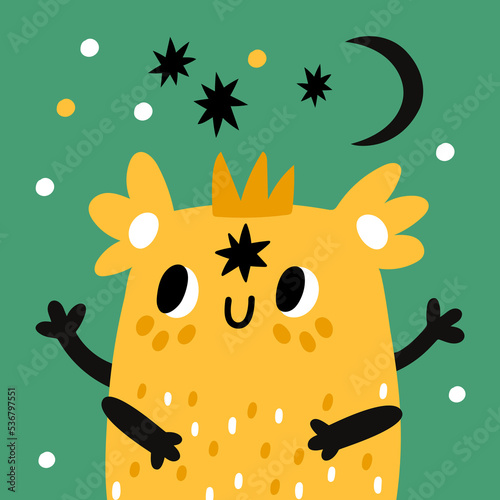 Monster faces card. Childish cute bizarre creature. Imaginary funny character. Happy yellow mutant with eyes and hands. Fantasy beast. Smiling cheerful alien. Vector cartoon poster
