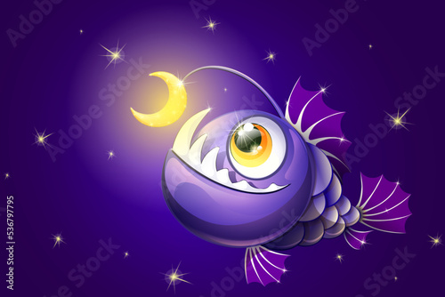 Cute cartoon angler fish with moon lure. Sea animals. Sea fish. Night sky concept.