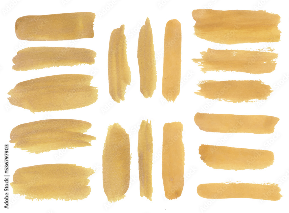 Golden Color watercolor brush vector set, vector gold stock brush set with grunge. 
