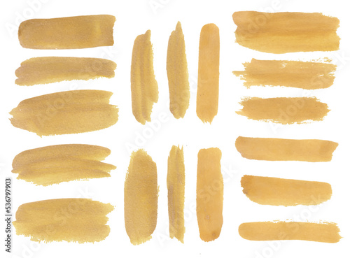 Golden Color watercolor brush vector set, vector gold stock brush set with grunge. 

