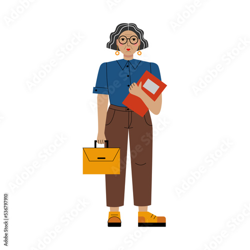 Vector flat illustration of an elderly woman with a folder with documents and briefcase. Gray haired lady boss. Lady boss above 50 years