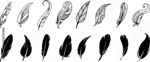 Ethnic and black feathers. Simple indian tribal feather graphic soft symbols, feathered sketch drawns