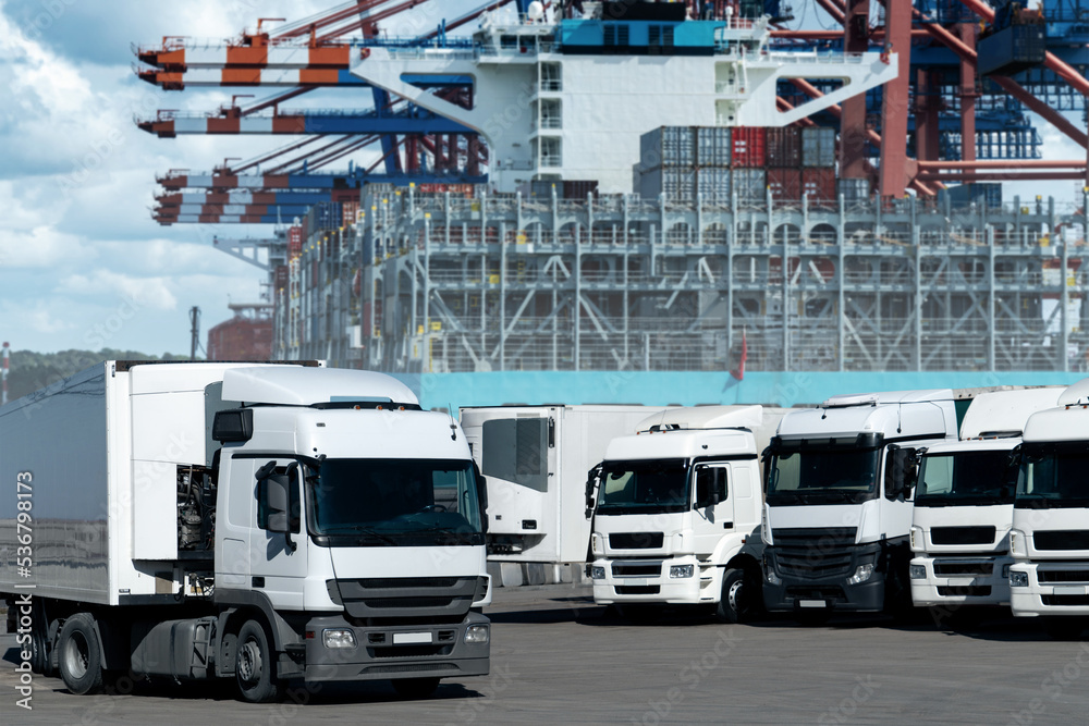 Obraz premium Trucks in the international seaport against on a background of a ship loaded with containers. International trade and logistics concept