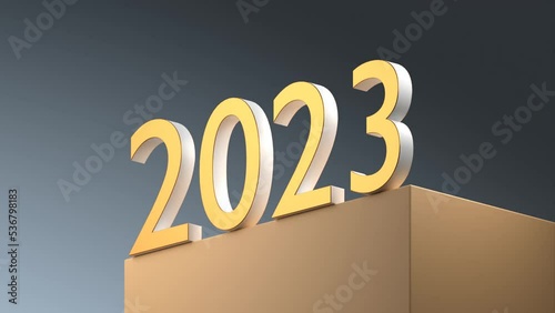 Gold metallic numbers 2023 on the podium. Number 3 pushes number 2 off the podium. 3D Animation. Isometric style, hero view. New year concept.