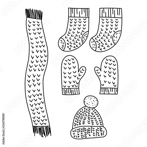 Doodle set of knitted socks, mittens and scarf