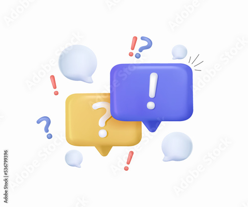 3d Q&A Speech bubble with question and exclamation mark icon. Talk message box with question sign. FAQ symbol concept.
