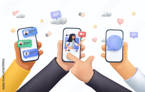 People Female Male use Smartphones Surfing in Social Media. SMM marketing, Chatting, Watching Video, Liking Photos.