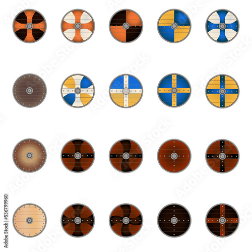 Set of viking shields in realistic style. Viking weapons. Colorful vector illustration isolated on white background.