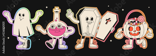 Flat vector illustration with a collection of retro 70s characters. Spooky funny characters of a pumpkin, ghost, coffin and poison bottles. Concept of groovy halloween stickers.