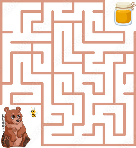 Childish maze game with cute cartoon bear bee and honey jar. Help wild animal find sweet. Little baby labyrinth play, vector location