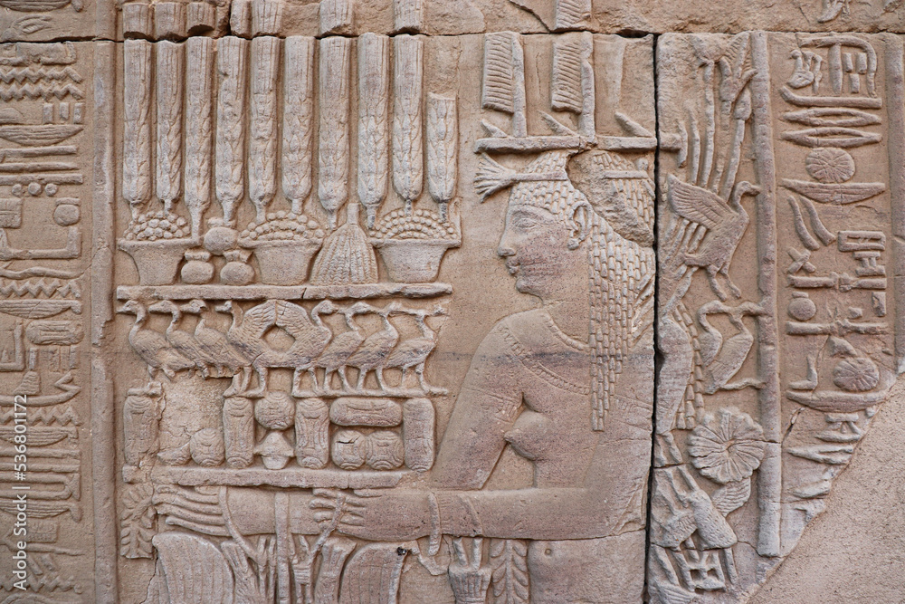 Amazing ancient egyptian carvings at Kom Ombo temple in Aswan, Egypt 
