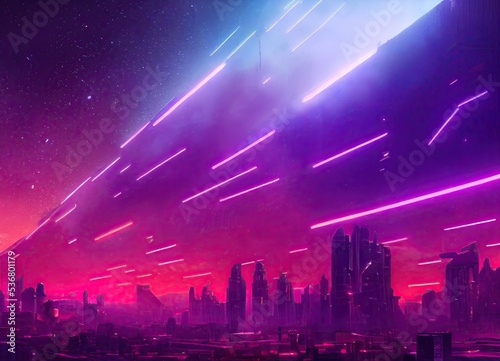 Background of a cyberpunk metropolis with a starry night sky. Skyscrapers in neon and ultraviolet.