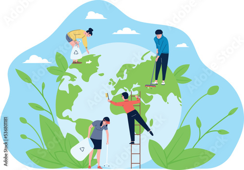Take care ecologic of earth. Environmental global day, women ecologist support ecology and environment. Volunteers clean globe, recent vector concept