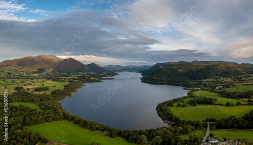 aerial view of Bassenthwaite Lake in the English Lake District in warm eveing light