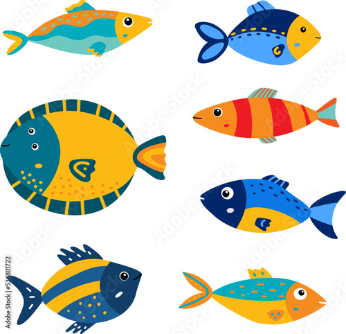 Cute cartoon fish. Set of tropical marine fishes. Baby kids collection