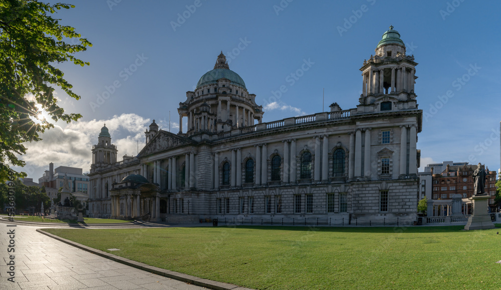 view of the historic Belfast City Hall and Titanic Gardens in downtown