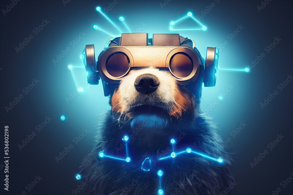 Metaverse tiny cute dog in virtual reality glasses with glowing eyes on neon space background