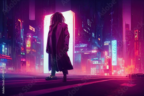 Robot boy in a cloak in a metropolis at night. Neon and ultraviolet dynamic lights