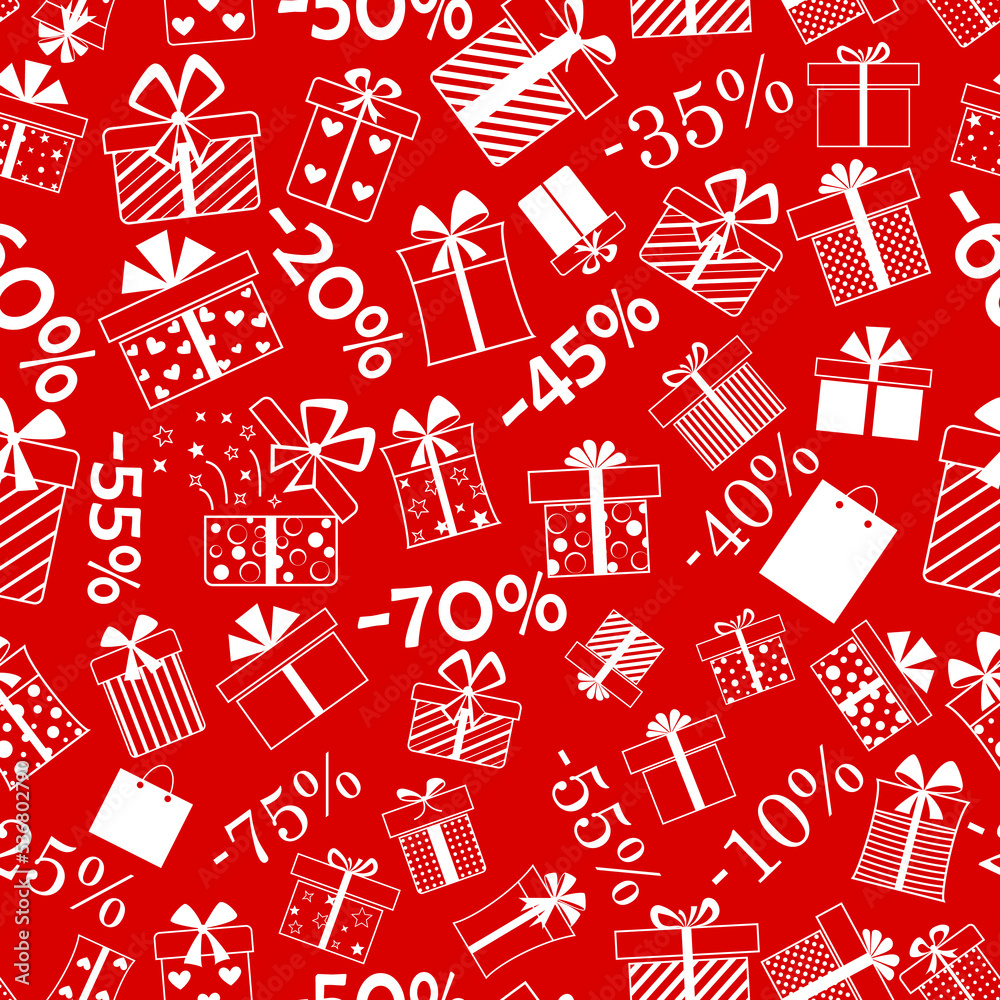 Seamless pattern of gift boxes with bows and different patterns, and discount percentages, white on red background Seamless pattern of gift boxes with bows and different patterns, and discount percentages, white on red background