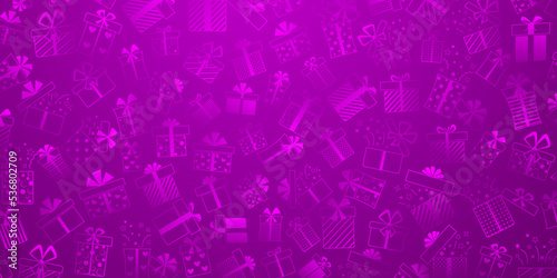 Background of gift boxes with bows and different patterns, in purple colors