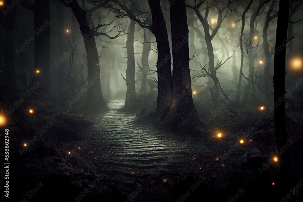 Mysterious golden lights along a path in dark foggy forest at night, spooky fairy tale atmosphere, generative AI illustration