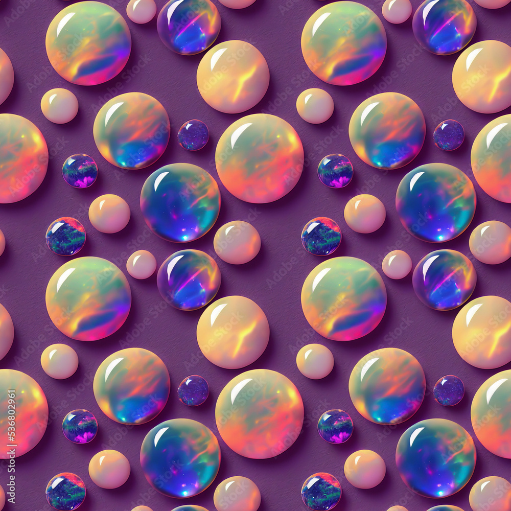 Seamless pattern of round gemstones, bright and shiny gems, abstract background, 3d illustration