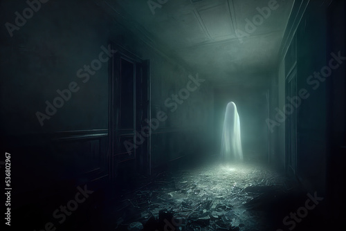 White spooky ghostly figure flying at the end of a dark corridor in abandoned haunted house, horror story generative AI illustration