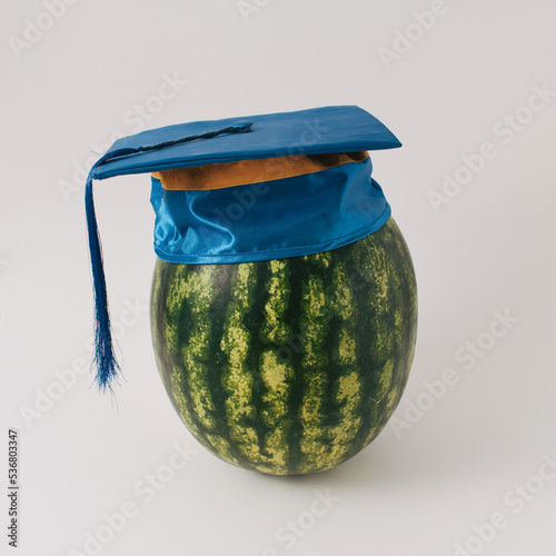 Blue graduation cap on a watermelon. White background.