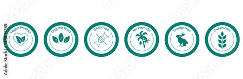 vegan product, organic food, gmo free, no palm oil, cruelty free, gluten free vector icon set