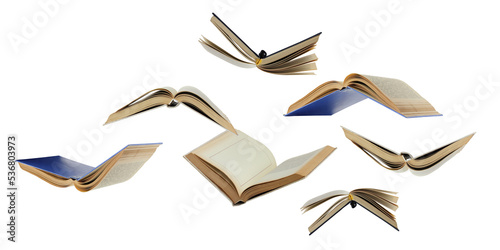 A flock of flying paper books isolated on a white background. Open books in the air.