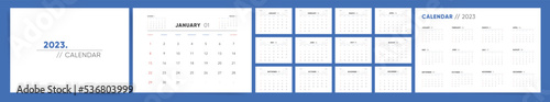 2023 Calendar office template design. Week starts on Sunday. Red blue desk calendar for business. Desktop planner in simple clean style. Corporate minimal calendar. English vector calendar layout. 
