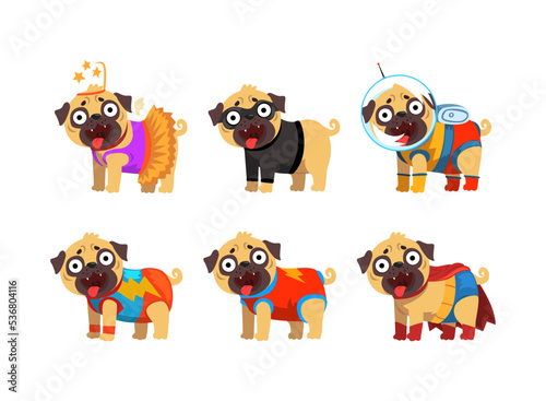 Funny Pug Dog in Colorful Costumes Vector Set