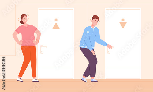 People waiting toilet. Woman and man urgent need to pee, guy hold lavatory door or bathroom, girl with full bladder at enter wc airport, help urination problems vector illustration
