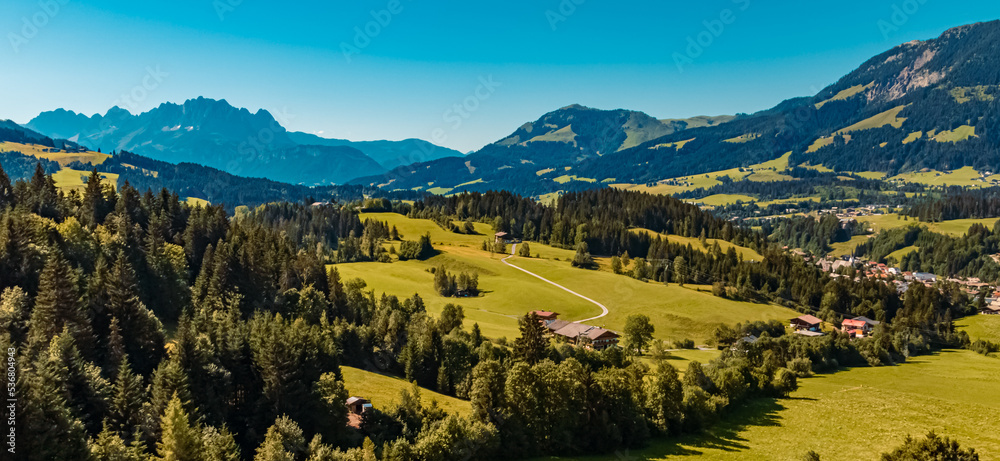 Beautiful alpine summer view with the famous Wilder Kaiser mountains in the background at Fieberbrunn, Tyrol, Austria